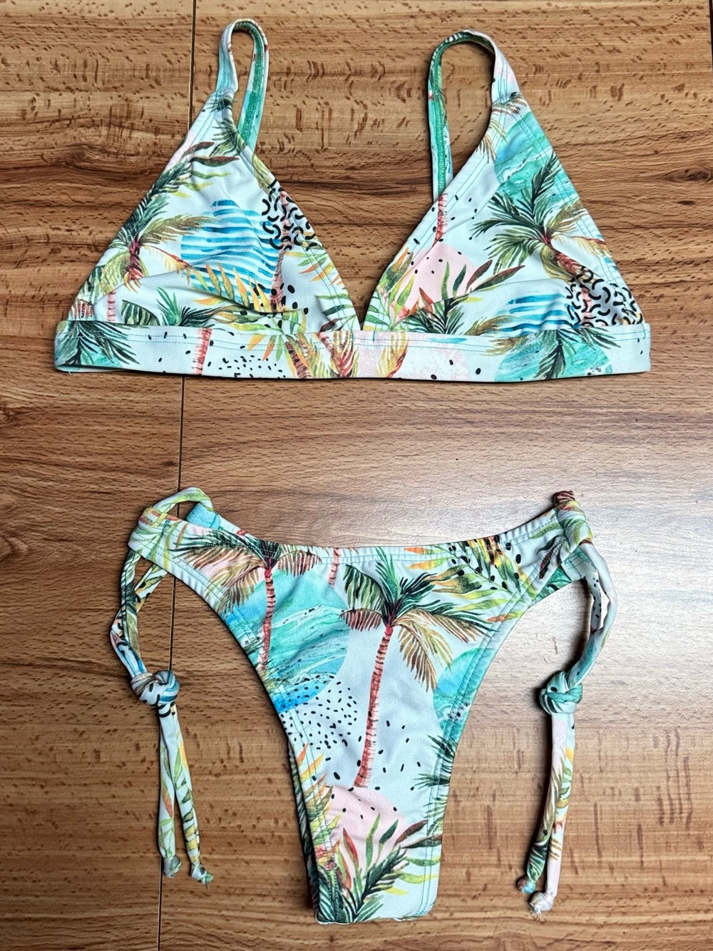 Tropical Palm Print Tie-Side Bikini - Green